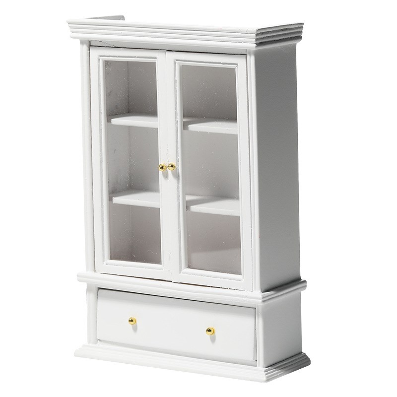 1:12b娃娃屋dollhouse袖珍食玩diy家具白色双门玻璃柜模型工艺品