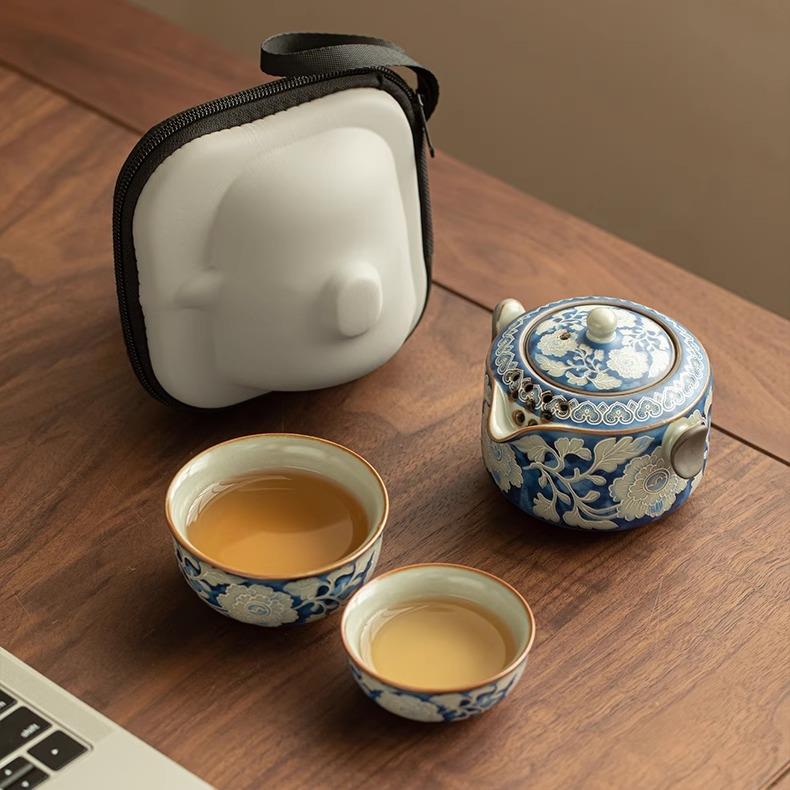 彷宋汝窑元青花双耳壶一壶两杯快客杯旅行茶具户外便携陶瓷泡茶壶