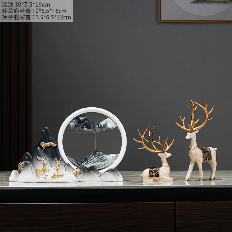 新中式流沙画摆件创意轻奢鹿摆件电视柜客厅酒柜装3d立体流沙画