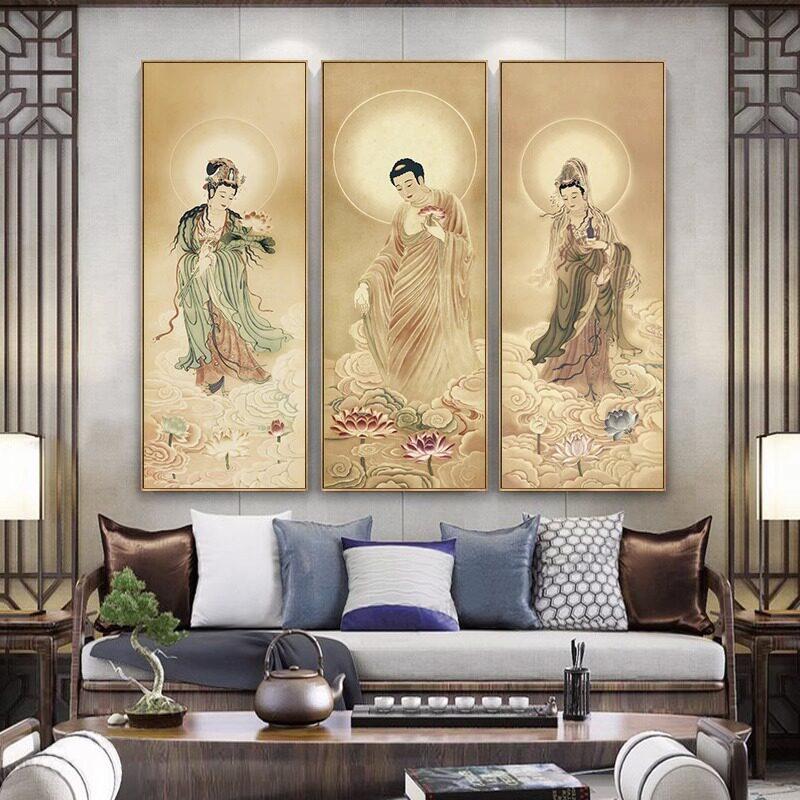 西方三圣佛像观音菩萨画像壁画中堂供台摆挂画客厅禅意背景墙壁画