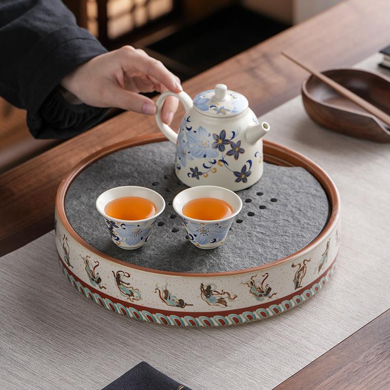 汝窑储水圆形茶盘乌金石档家用托盘陶瓷新款茶台沥水干泡台茶托