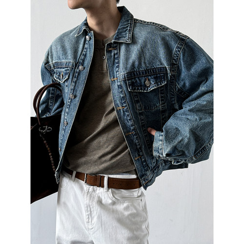 重磅水洗双切割线牛仔外套男