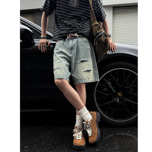 水洗做旧手工割浪破洞牛仔短裤男