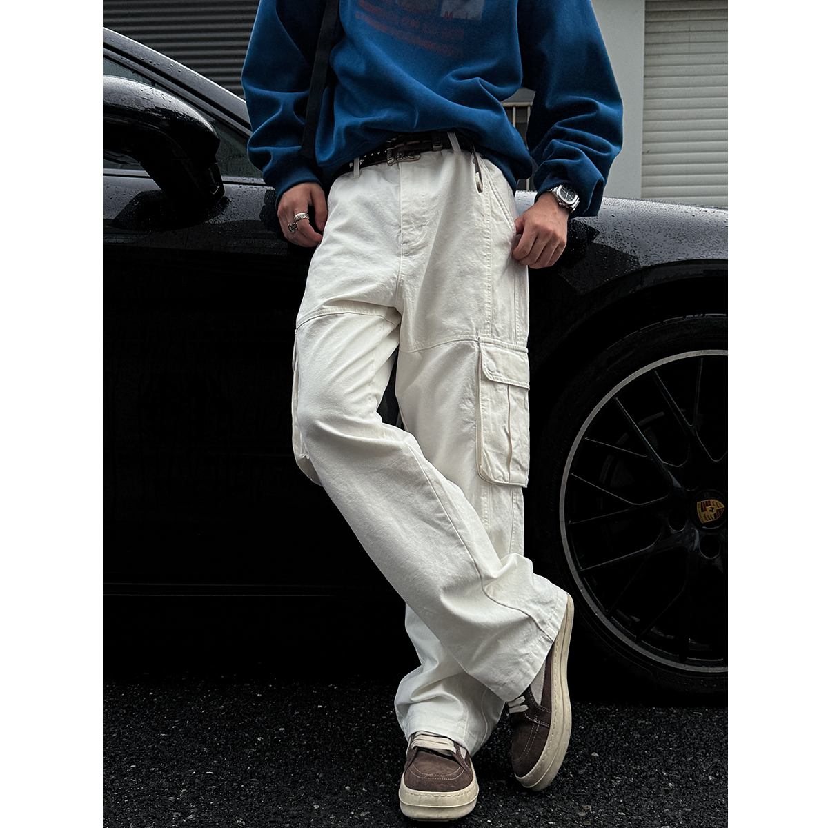 高品质米白色工装裤男口袋长裤潮