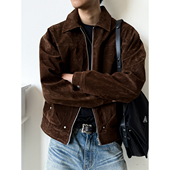 型老钱风外套 正肩版 MANCHER 黑棕配色巴恩风麂皮绒夹克男boxy短款