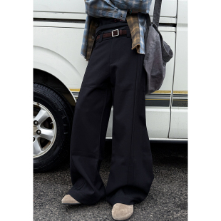 男cleanfit宽松通勤阔腿长裤 MANCHER 立体绗缝捏褶老钱风休闲西裤