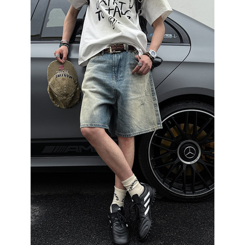 美式复古水洗做旧破洞牛仔短裤男