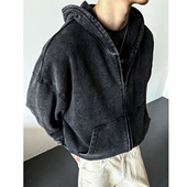 MANCHER 500G重磅水洗做旧连帽卫衣男boxy短宽质感拉链开衫 外套