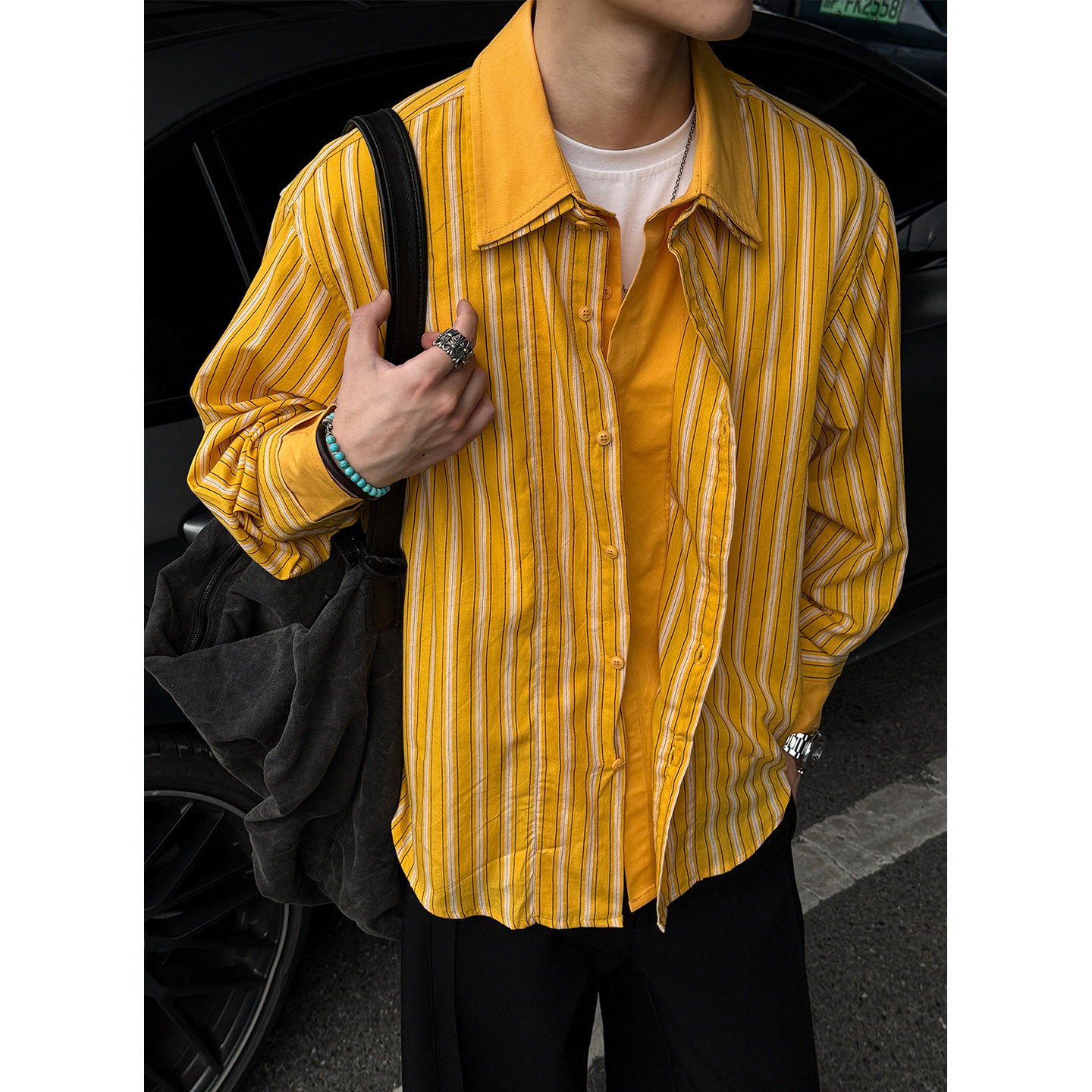 拼接双层领橙黄条纹衬衫男长袖