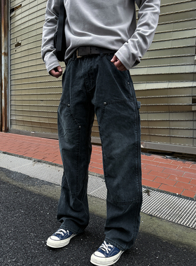 MANCHER 美式复古水洗做旧牛仔裤男宽松BO1伐木裤纯棉直筒长裤潮