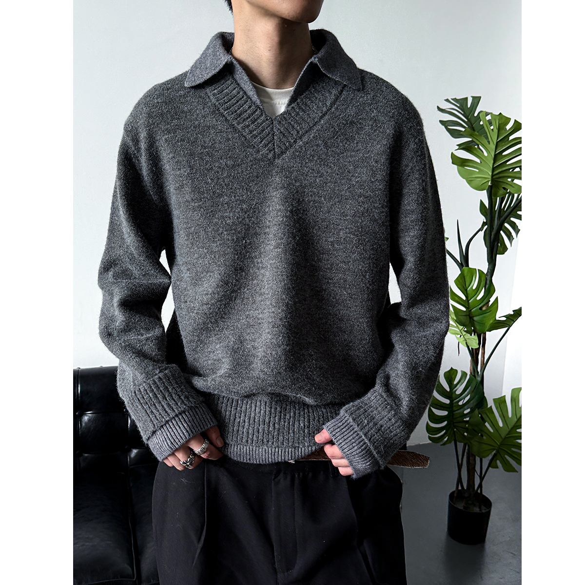 重磅800G仿羊绒假两件V领毛衣男