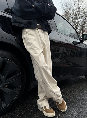 MANCHER 重磅380g碳磨赛络纺斜纹水洗工装裤男解构裁剪宽松直筒裤