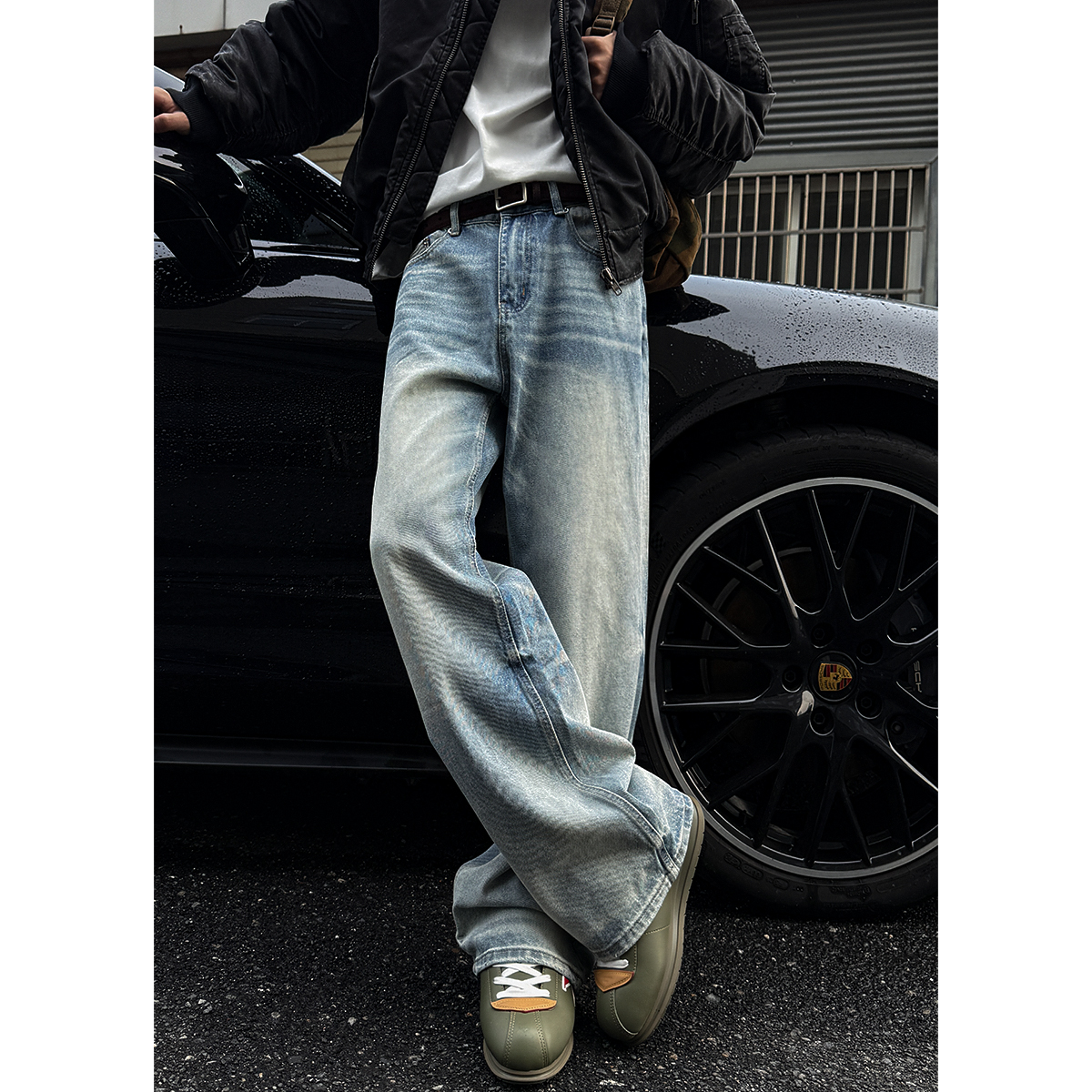 美式复古水洗磨白做旧牛仔裤男