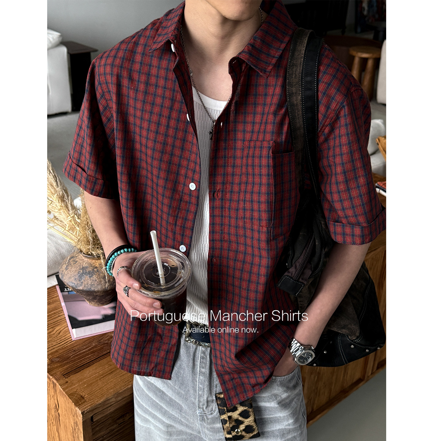 MANCHER MIU系暗黑红格纹短袖衬衫男夏季宽松纯棉高级感有领T恤潮