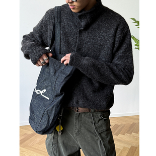 MACNHER 羊毛混纺卷边纽扣高领毛衣男女宽松boxy老钱风针织上衣潮