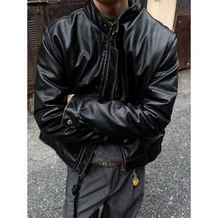 机车服皮衣外套 boxy短款 MANCHER 复工做旧手工擦色立领棉服男冬季