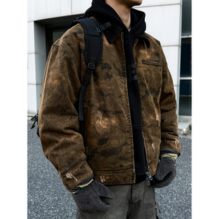 MANCHER 重工水洗扎染做旧工装羽绒服男冬季宽松底特律翻领外套潮