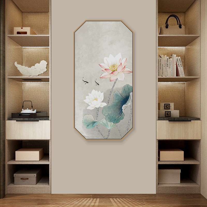 新中式入户玄关装饰画进门墙面挂画竖走廊过道楼壁画荷花背景墙画图片