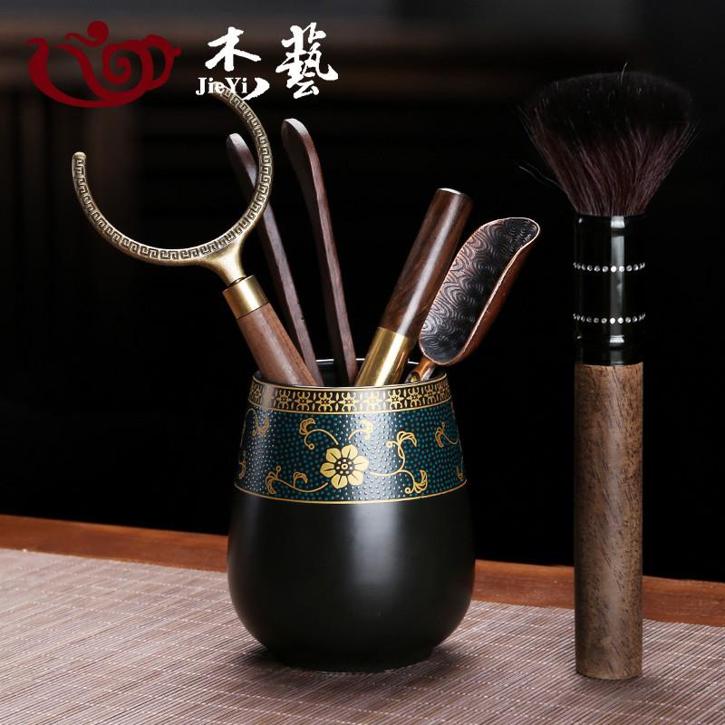 9opu批发家用茶道六君子套装黑檀木6君子茶夹茶针茶匙收纳筒功夫