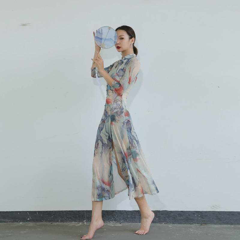 日本无印MUJIE古典舞弹力印花袍舞蹈服中国舞民族舞练功服显瘦开
