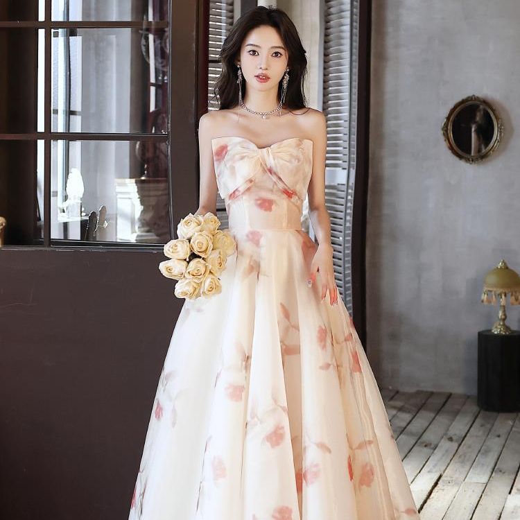 日本品质蝴蝶结抹胸晚礼服女2025夏季新款法式超仙声乐艺考走秀宴