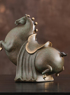 陶瓷生肖马摆件马上有福玄关书柜新中式装饰办公室开业招财礼品