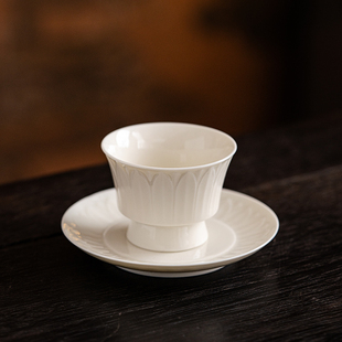 仿宋定窑白莲瓣主人杯家用个人单杯品茗杯陶瓷功夫茶具茶杯带杯垫