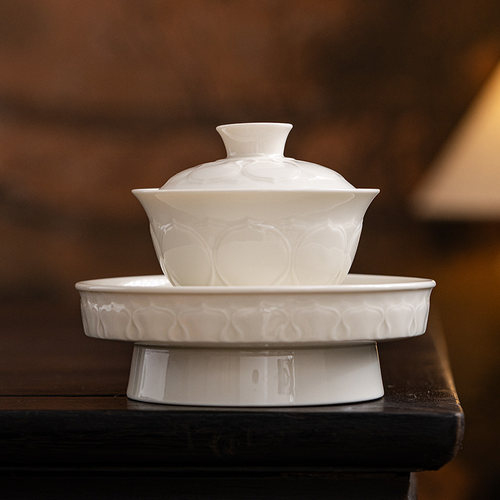 宋式定窑白浮雕莲花盖碗大容量