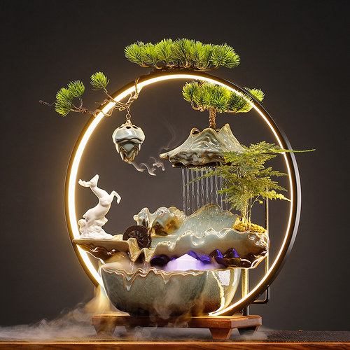 玄关客厅流水摆件陶瓷招财新中式