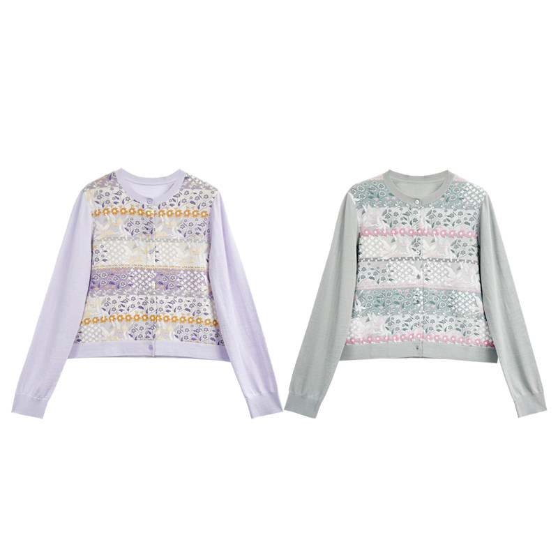 【橙庐】561219原创百花层叠桑蚕丝绵羊毛拼接针织衫 春款女气质