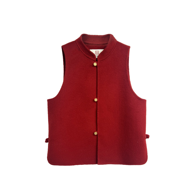 原创新中式100绵羊毛呢立领马甲