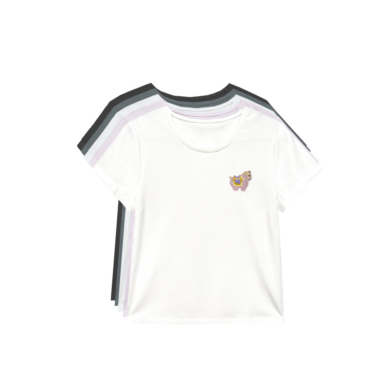 【橙庐】519302原创三彩萌马贴绣弹力棉T恤 春夏女款国风时尚休闲