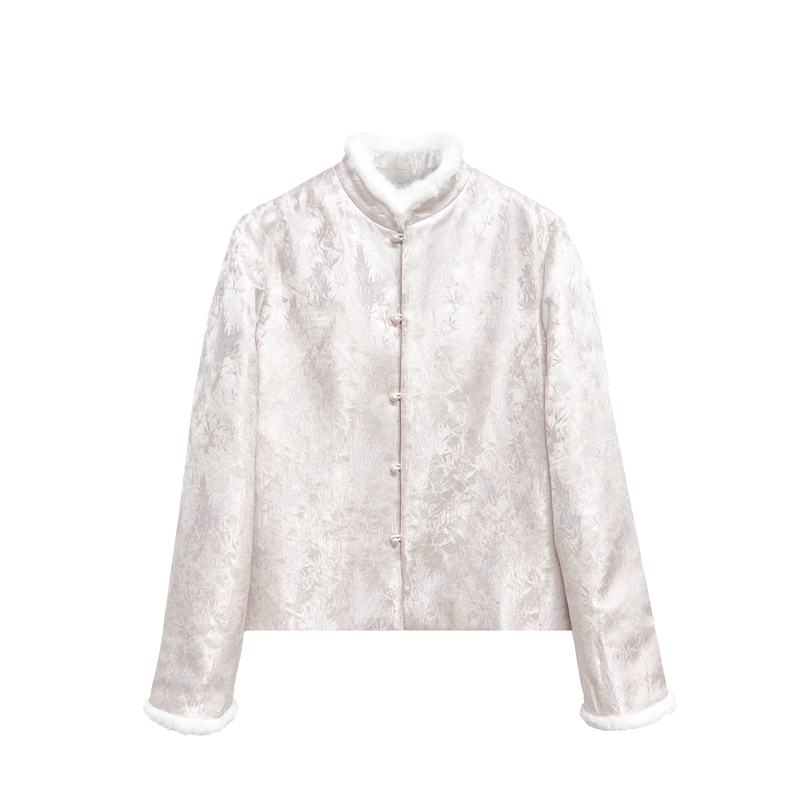 【橙庐】684003原创新中式小竹叶提花毛领暖绒棉服外套 秋冬国风