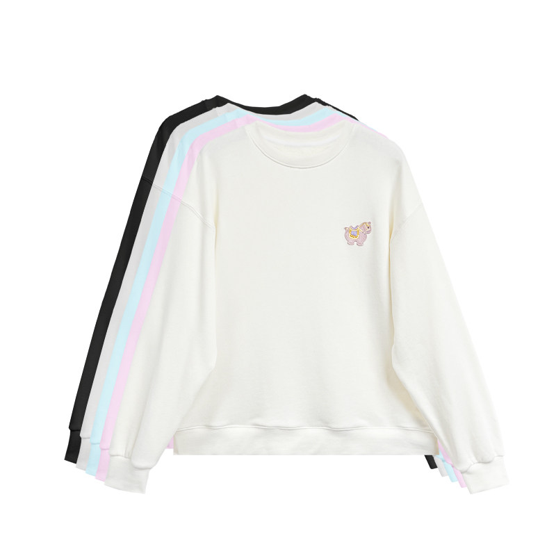 【橙庐】523500原创三彩萌马贴绣圆领落肩纯棉卫衣 女春季中国风