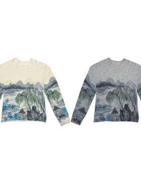 【橙庐】112487原创新中式山水印花绵羊毛山羊绒开衫 秋冬女时尚