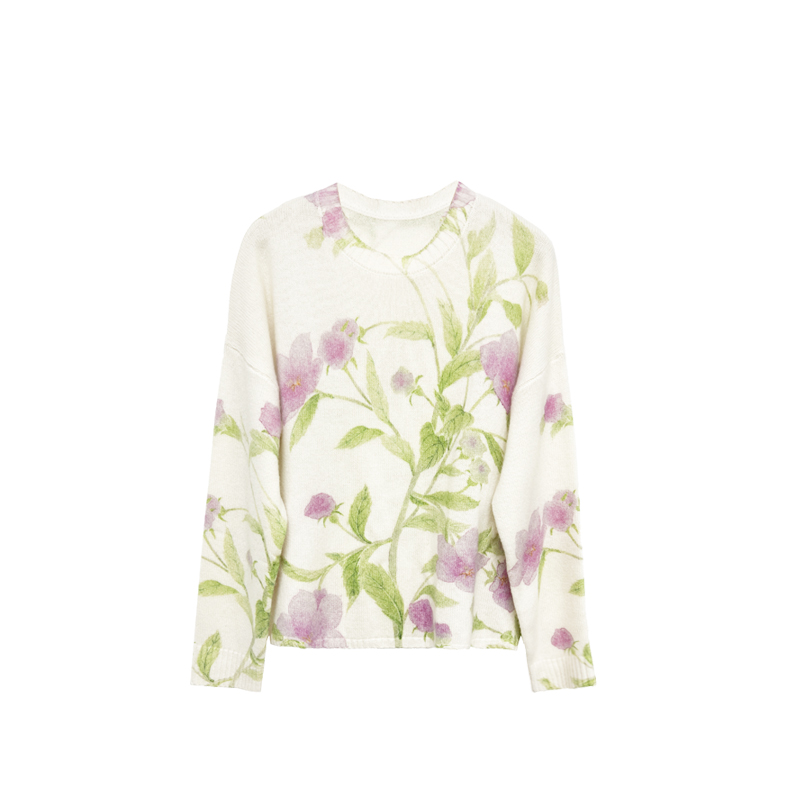 橙庐水墨桔梗绵羊毛山羊绒针织衫