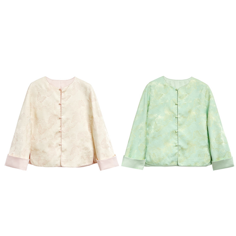 【橙庐】104208原创新中式蝴蝶提花圆领翻袖外套 春季女气质国风