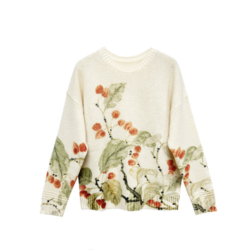 原创樱桃印花圆领螺纹绵羊毛衫