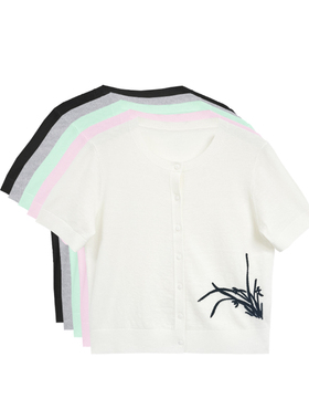 【橙庐】522007原创中国风兰花刺绣100绵羊毛短袖开衫 春夏女款