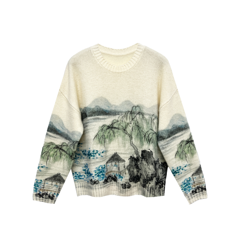 【橙庐】112509原创新中式溪山青霭印花绵羊毛衫 秋冬女优雅国风