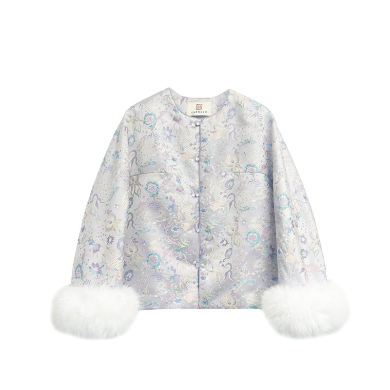 【橙庐】443029原创新中式兔子花卉提花毛袖夹毛香味宋锦女款棉服