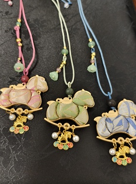 【橙庐】520007原创新中式三彩萌马含香珠宋锦编绳项链 毛衣链