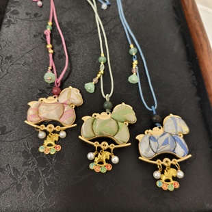 三彩萌马含香珠宋锦编绳项链 520007原创新中式 毛衣链 橙庐