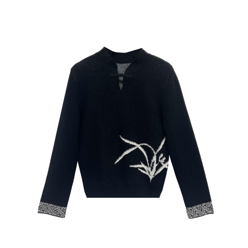 【橙庐】500020原创新中式立领兰花绵羊毛衫 春秋女气质优雅国风