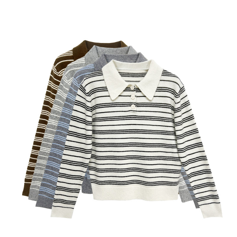 【橙庐】588206学院风条纹拼花翻领绵羊毛衫 春秋女时尚休闲百搭