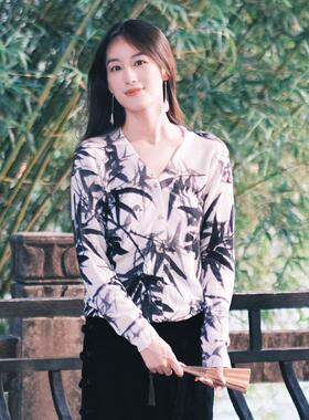 【橙庐】112404竹影羊毛V领针织开衫 时尚休闲百搭女士印花修身