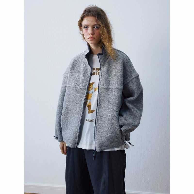 HELLO SEPTEMBER 冬季款休闲撞色抽绳羊毛颗粒感百搭中长立领外套