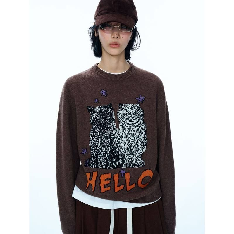 HELLO SEPTEMBERHELLO猫猫羊毛提花毛织宽松百搭圆领长袖保暖毛衣