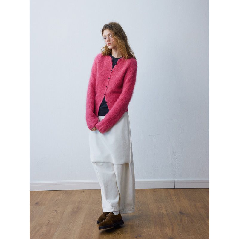 HELLO SEPTEMBER 冬季款休闲圆领长毛羊驼简约纯色单排扣毛织开衫