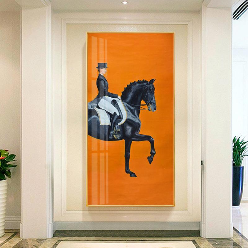 轻奢美式挂画橙色骑马入户玄关装饰画北欧风格现代简约客厅墙壁画